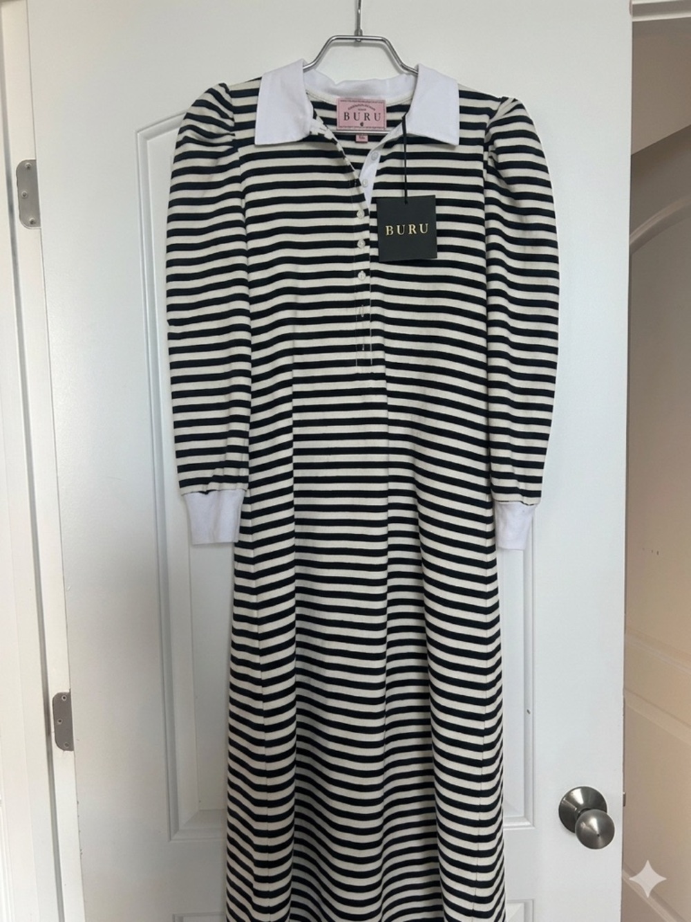 NWT BURU Black & White Striped Long-Sleeve Maxi Polo Dress - Size S